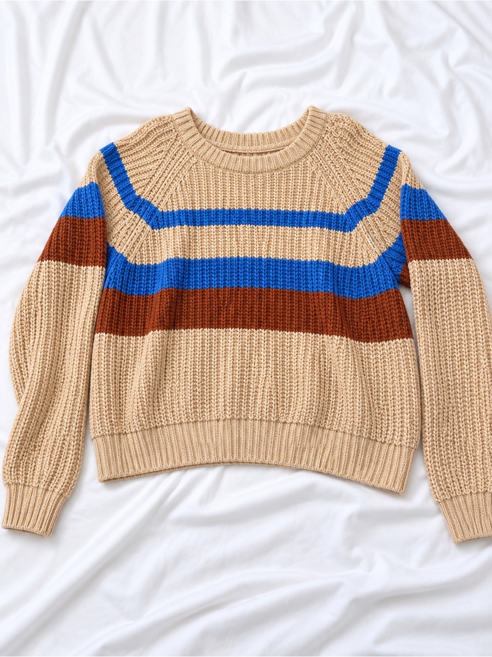 Lush Beige Crewneck Sweater with Blue & Brown Stripe Accents